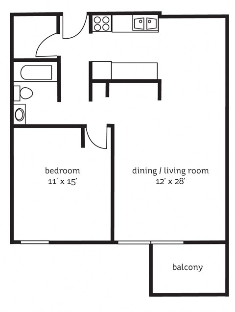 Floor plan for 1 bed, 1 bath, 760 sqft